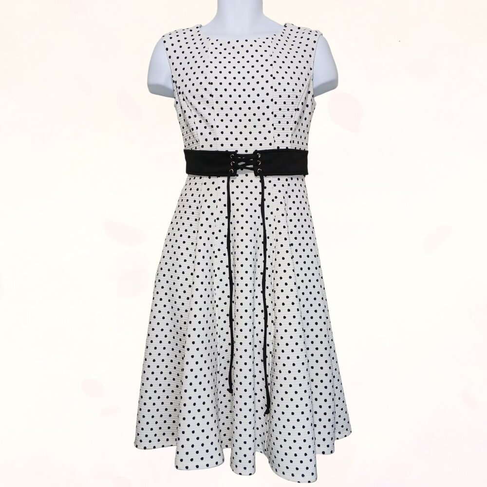 Danny and Nicole Black & White Polka Dot Sleeveless Fit & Flare Belt Dress Sz 6